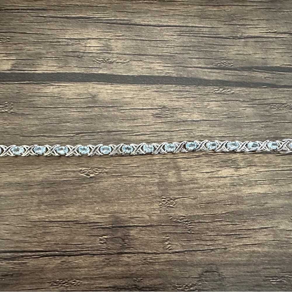 925 Sterling Silver HAN Real Blue Topaz Gemstone Tennis Link Bracelet